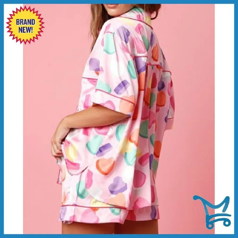 Women's 2-Piece Cotton Pajama Set Short Sleeve Button Down Shirt Matching Shorts